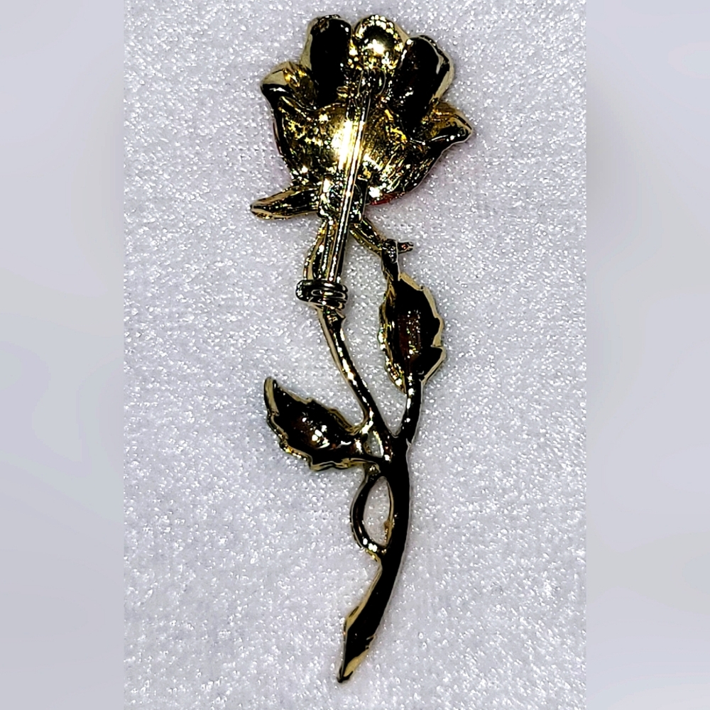 Vintage Enamel Red Rose Rhinestone Gold Tone Flower Brooch / Pin - Picture 2 of 2